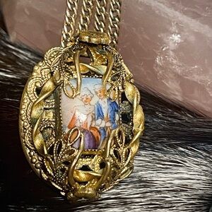 Vintage Gold Pendant with Painted Scene